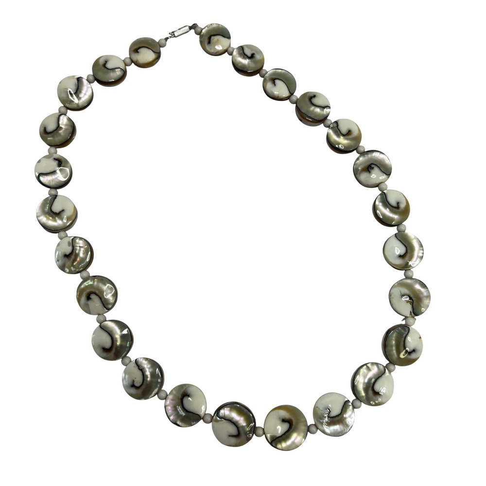 Vintage Mother of Pearl Shell Disc Necklace Iridescent Cream Brown 17 Inch